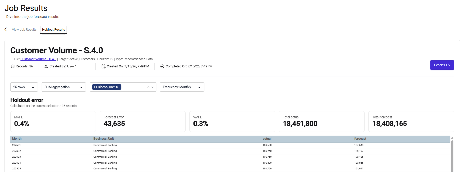 Job results showing customer volume, holdout error, and forecast data for analysis.